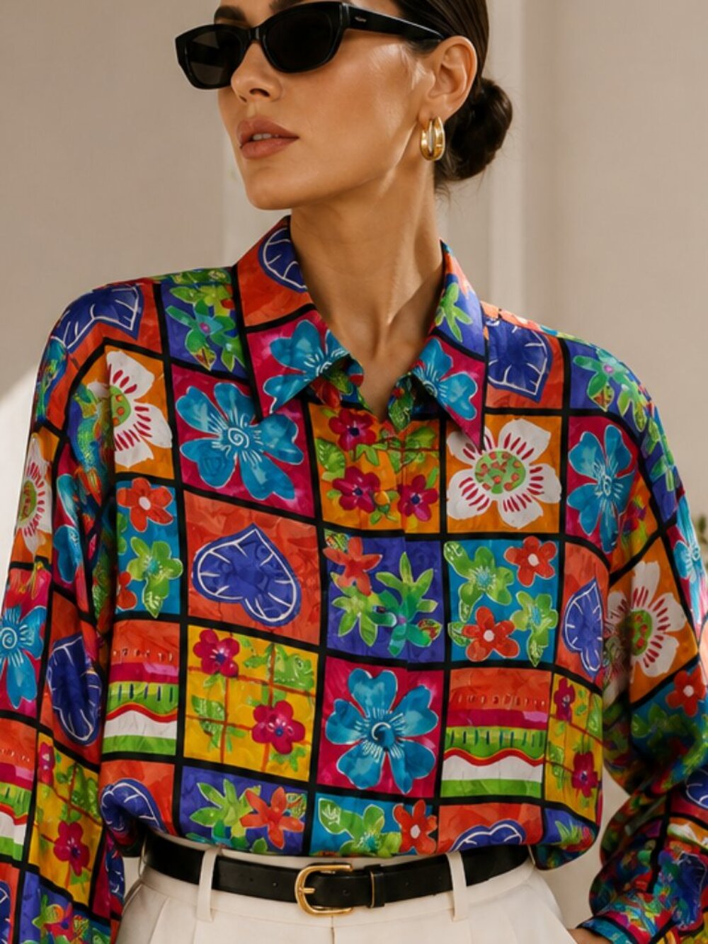 Vintage Jessica Holbrook 100% Silk Art Print Blouse Colorful Floral Jacquard